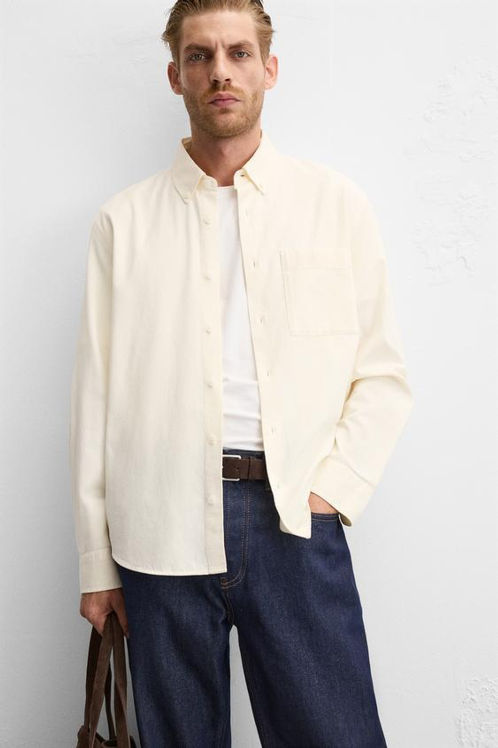 ZARA РУБАШКА ИЗ ХЛОПКА И ЛИОЦЕЛЛА, ЭКРЮ