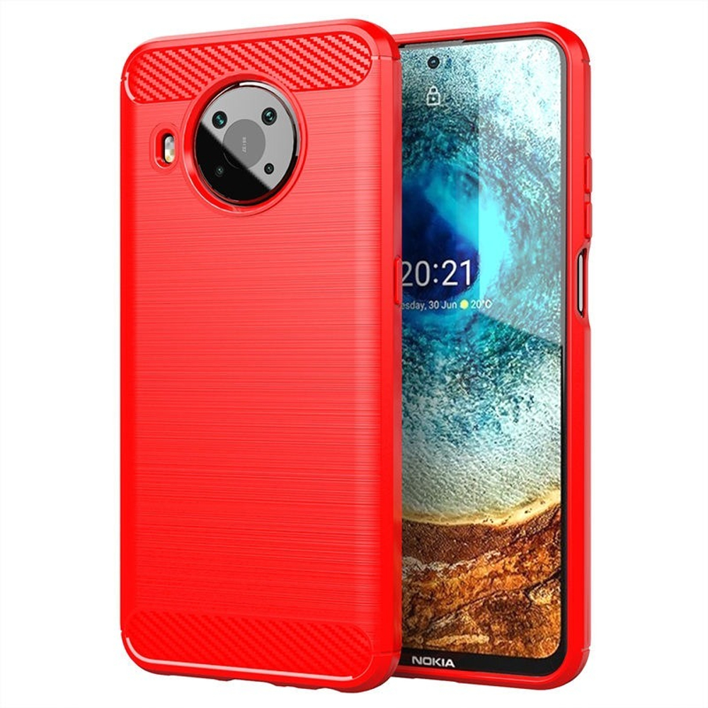 Мягкий защитный чехол красного цвета в стиле карбон на Nokia X10 и X20, серия Carbon от Caseport