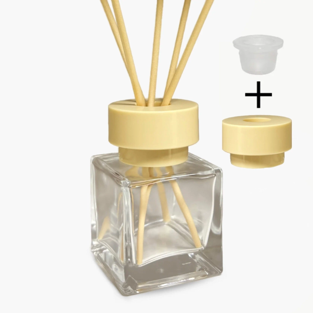 Комплект: Флакон для диффузора 50 мл прозрачный куб с бежевой крышкой Шляпа