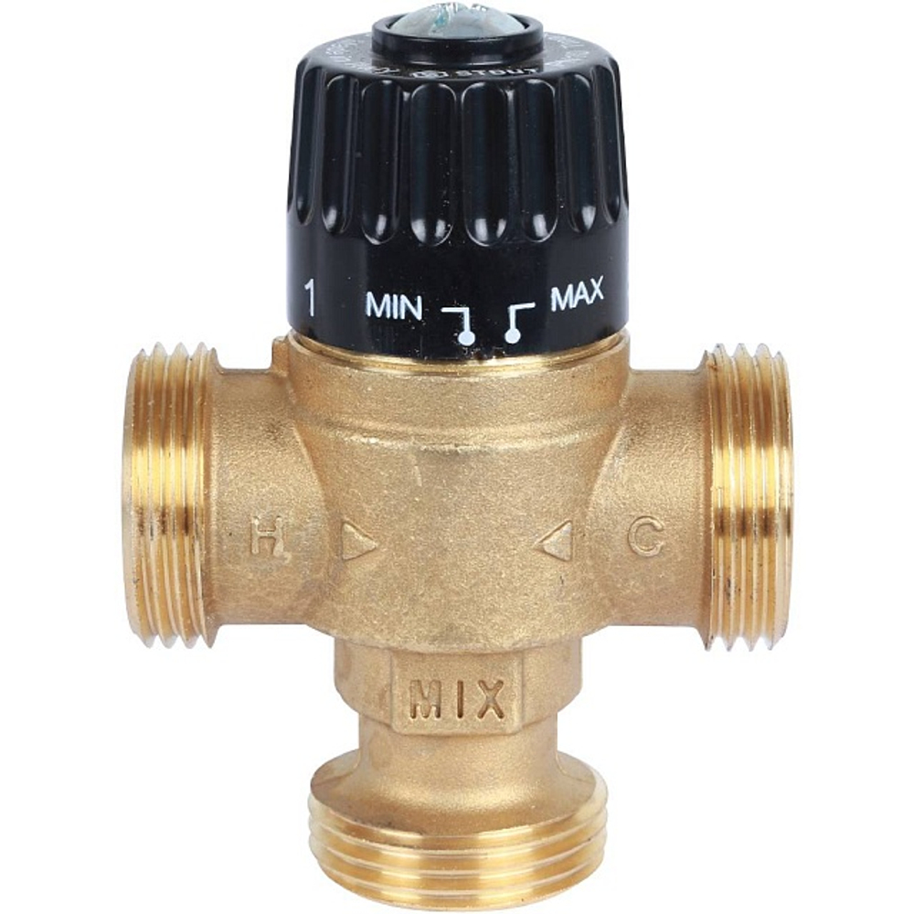 Клапан термостатический смесительный STOUT - 1" (НР, t30-65°C, kvs 1.8, T-образное смешивание)