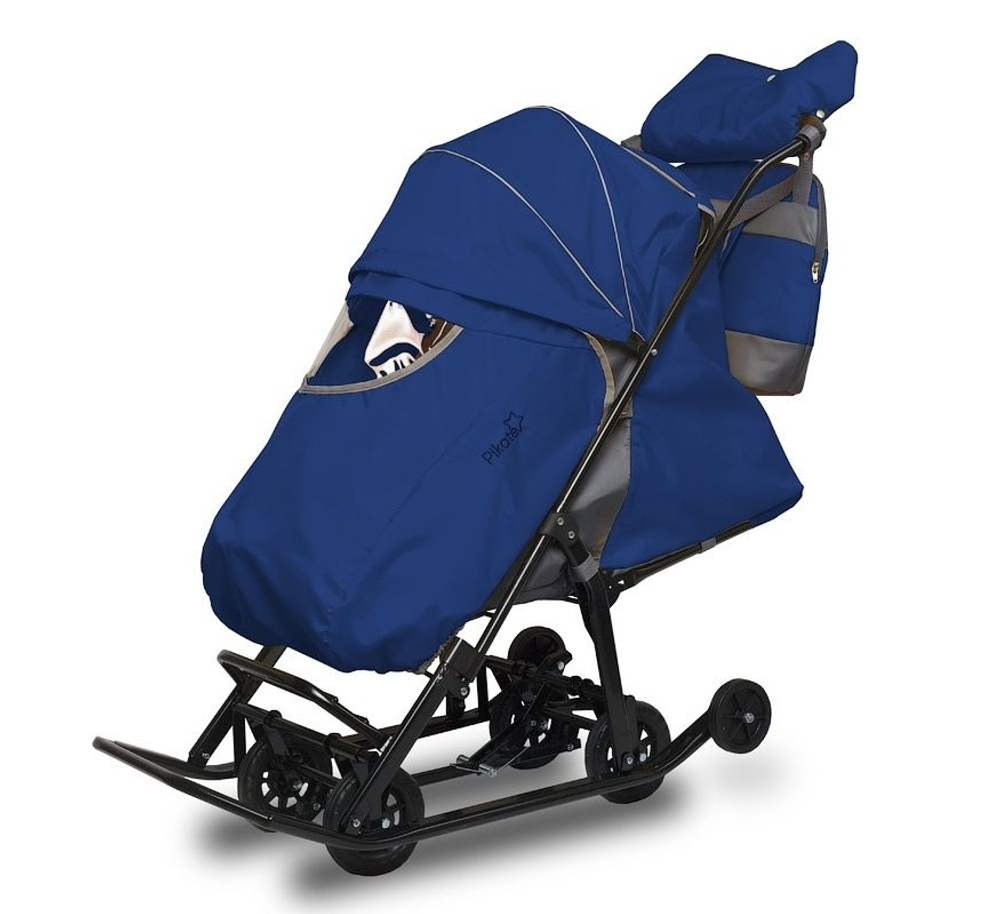 Санки - коляска Baby механизм смены полозьев на колеса (синий) арт. PcB19 Pikate