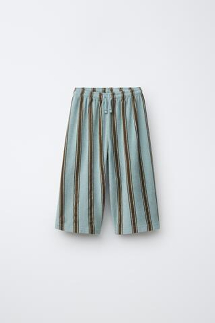 ZARA БРЮКИ RELAXED В ПОЛОСКУ С ЭФФЕКТОМ МАХРОВОЙ ТКАНИ, ЗЕЛЕНОВАТО-СИНИЙ