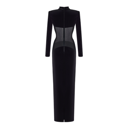 Платье макси из бархата и компрессионной сетки