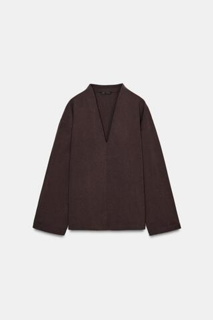 ZARA ФУТБОЛКА В СТИЛЕ РУСТИК С V-ОБРАЗНЫМ ВЫРЕЗОМ, ШОКОЛАДНЫЙ