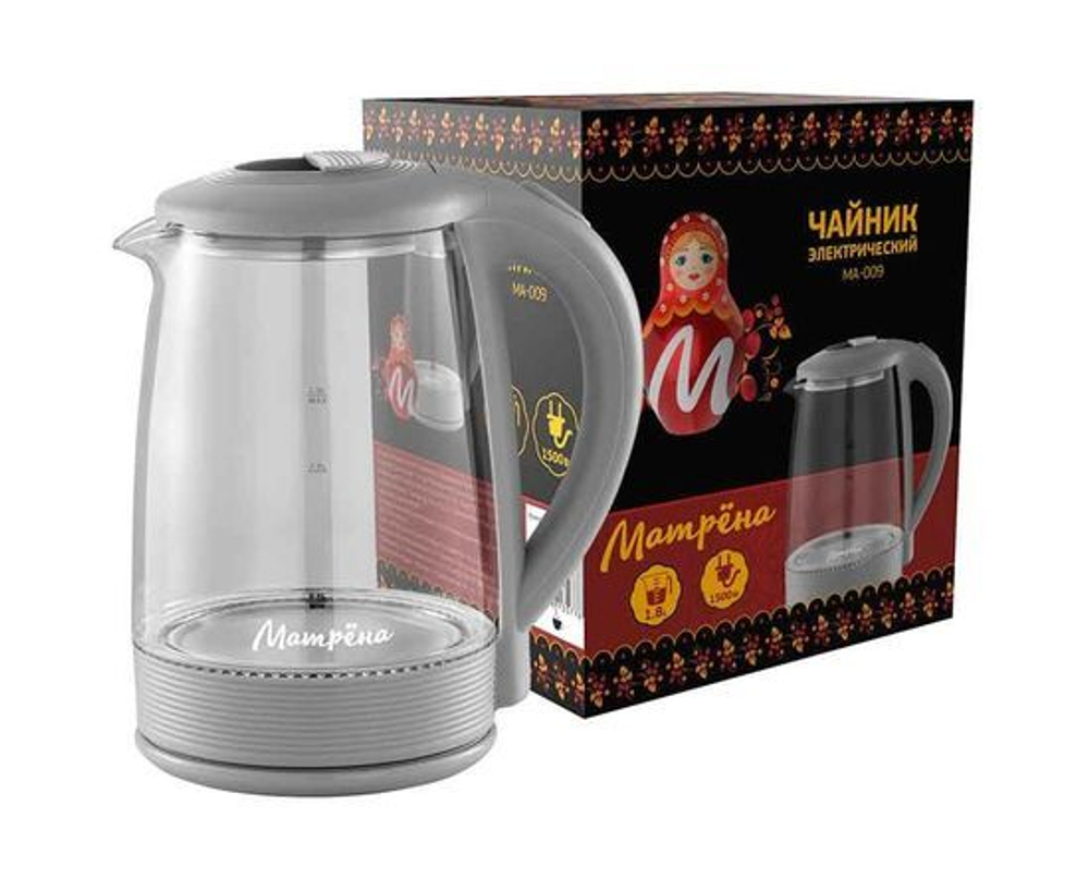 Чайник электр. Матрена МА-009 серый (диск, 2л) 1,5кВт, стекло/пластик, 5417