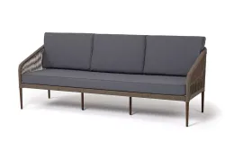 "Канны" диван 3-местный плетеный из роупа, каркас алюминий коричневый (RAL8016) муар, роуп коричневый круглый, ткань темно-серая 027