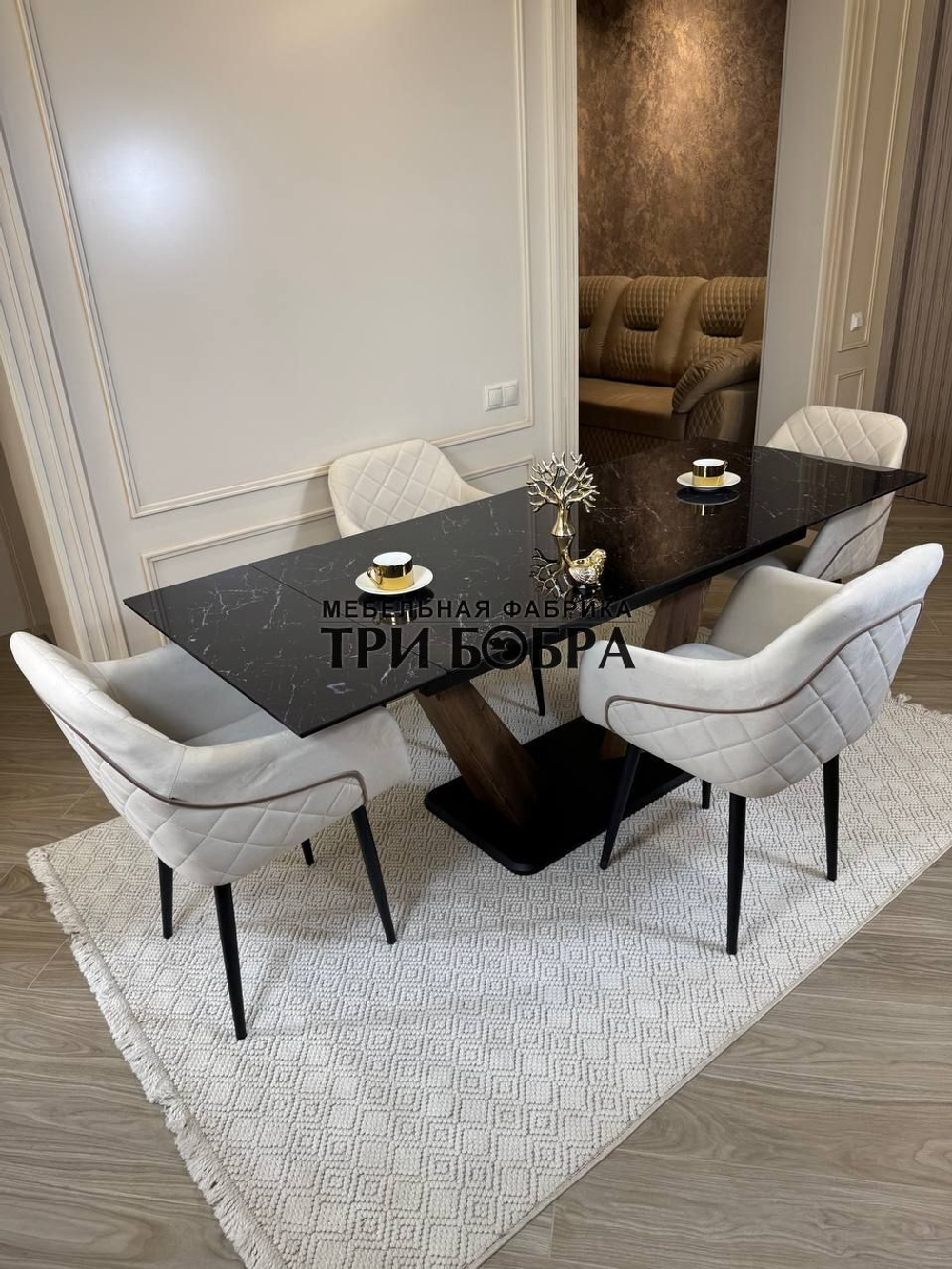 Кухонный раскладной стол "Вирджиния" , черный мрамор и 4 стула ШЕЛЛ