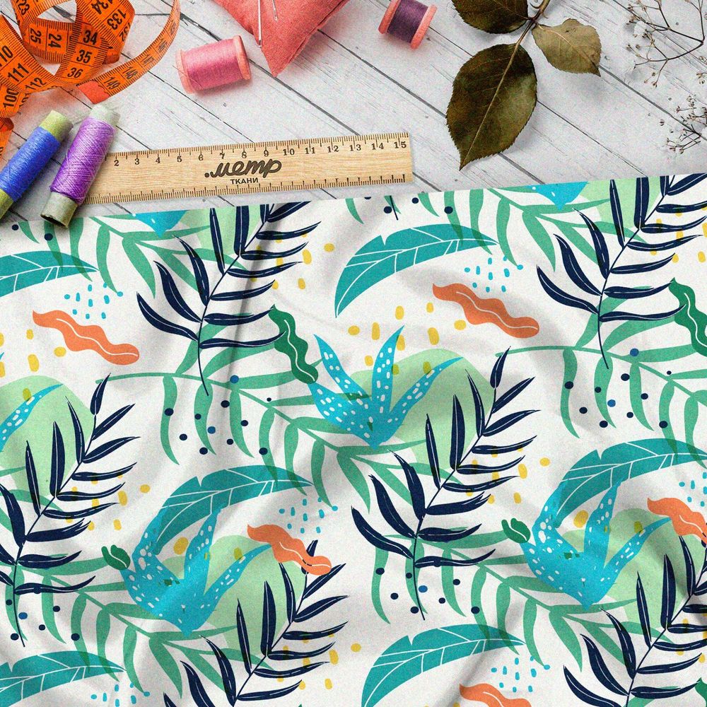 Ткань шифон водоросли и головастики на бежевом фоне