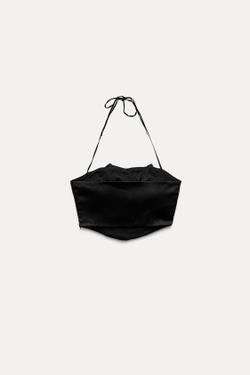 ZARA АТЛАСНЫЙ ТОП С ГОРЛОВИНОЙ ХАЛТЕР И РЕЛЬЕФНЫМИ ЦВЕТАМИ, ЧЕРНЫЙ