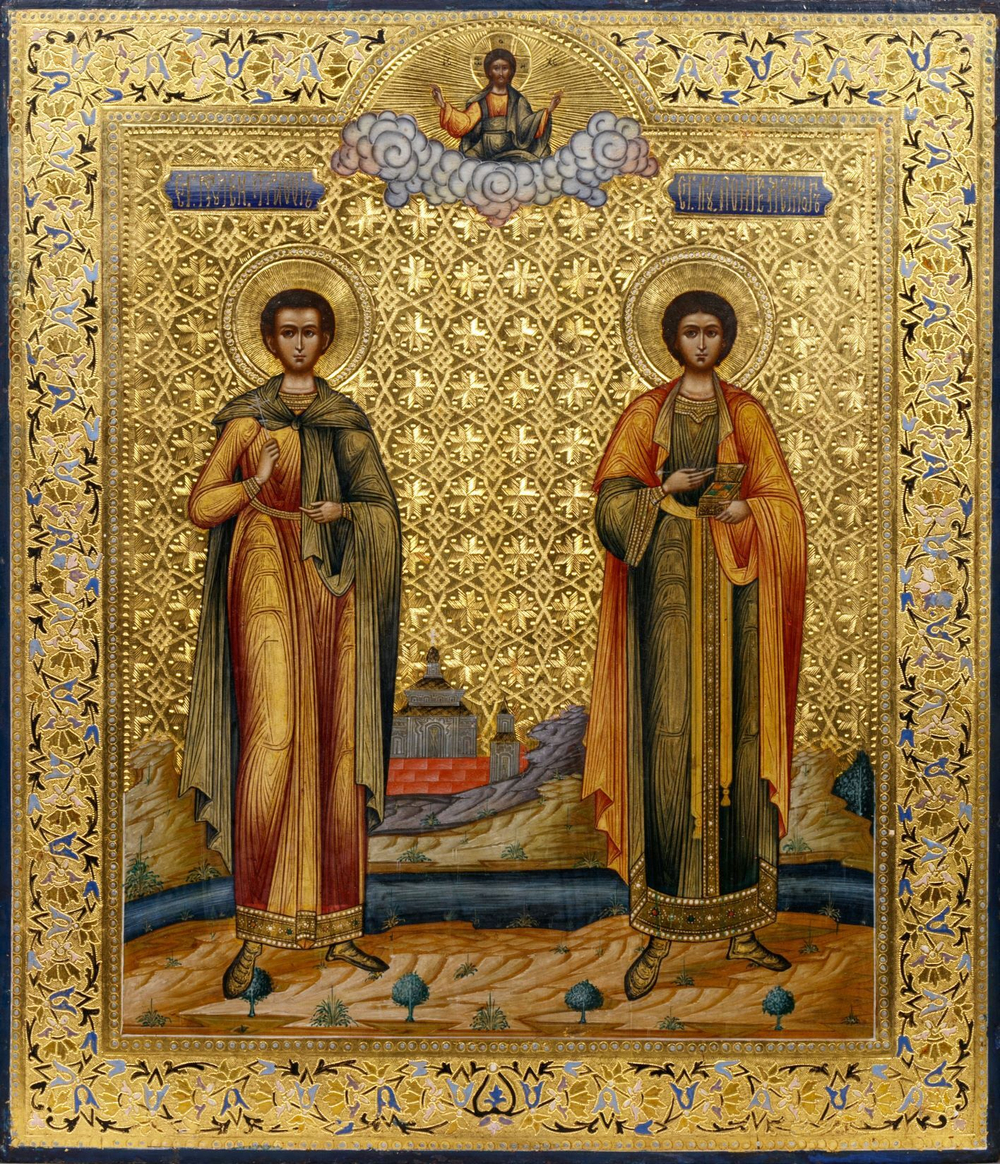 Трифон святой мученик Апамейский (Никейский) и Пантелеимон Целитель. Деревянная икона на левкасе