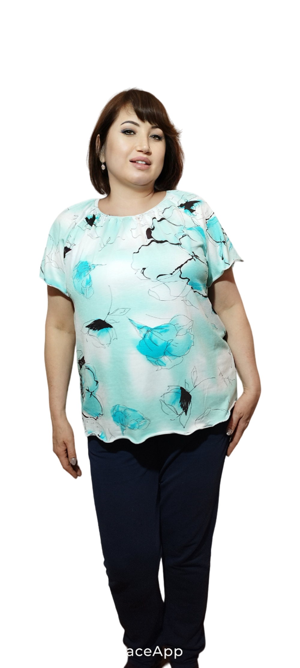 24411 Джемпер женский бирюзовые цветы на белом (54)