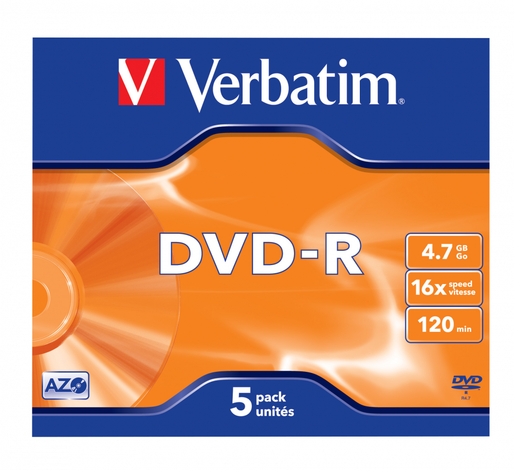 Оптический диск Verbatim DVD-R 4.7GB 16X AZO Matt Silver, Jewel Case, 5 шт