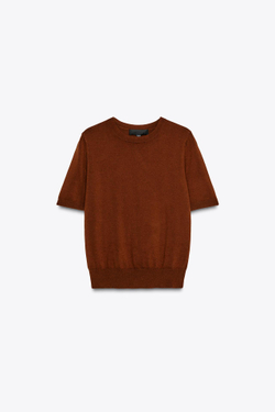 ZARA БАЗОВЫЙ ОДНОТОННЫЙ ТРИКОТАЖНЫЙ ТОП С КОРОТКИМИ РУКАВАМИ, СВЕТЛО-КОРИЧНЕВЫЙ