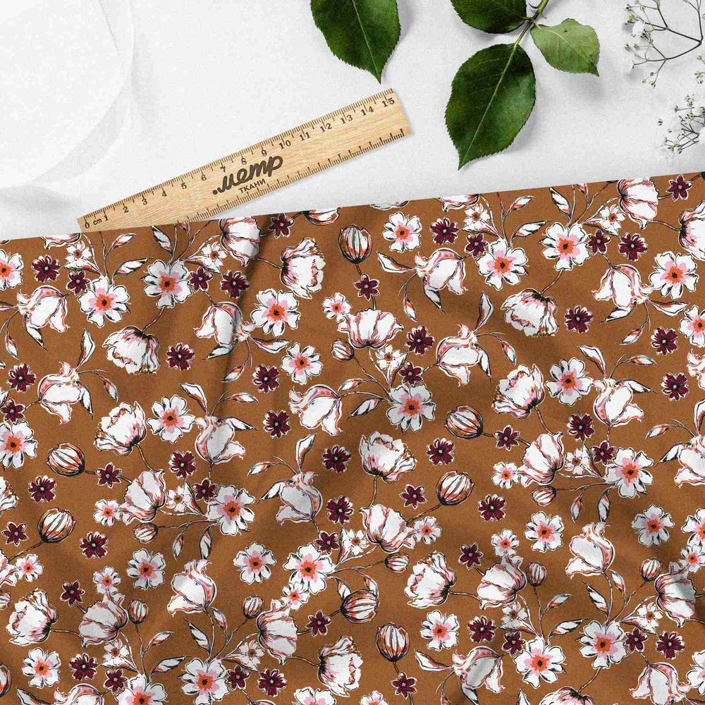 Ткань флис цветы на бежевом