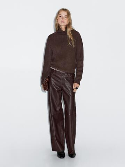 Massimo Dutti Брюки из овчины с отделкой наппа, коричневый