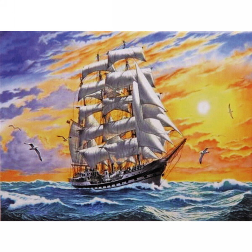 Алмазная мозаика 40*50см «Корабль в море» с полным заполнением, напечатанной рамкой, на деревянном подрамнике J50453