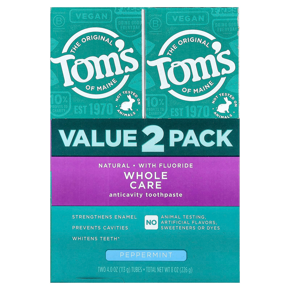 Tom's of Maine, Whole Care, зубная паста против кариеса, с фторидом, перечная мята, 2 шт. в упаковке, по 113 г (4 унции)