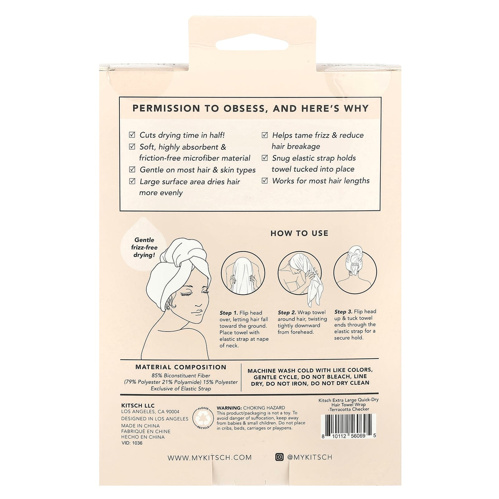 Kitsch, Быстросохнущее полотенце для волос, очень большое, в терракотовую клетку, 1 упаковка