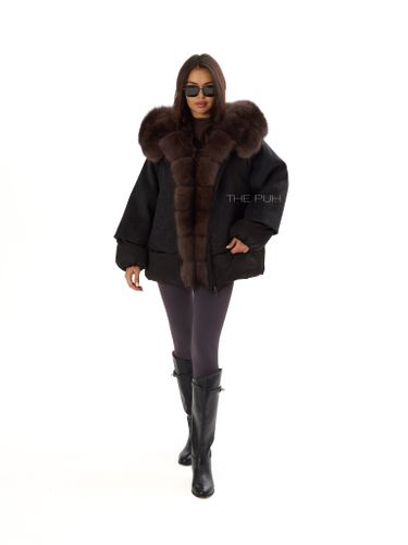 Комбинированный черный пуховик с мехом песца