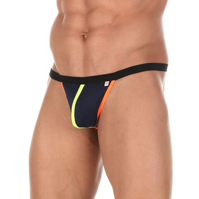 Темно-синие сексуальные трусы-стринги с оранжевой и салатовой окантовкой (Размер: S) (Цвет: темно-синий)