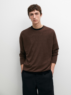 Massimo Dutti Вязаный льняной свитер с круглым вырезом, красно-коричневый