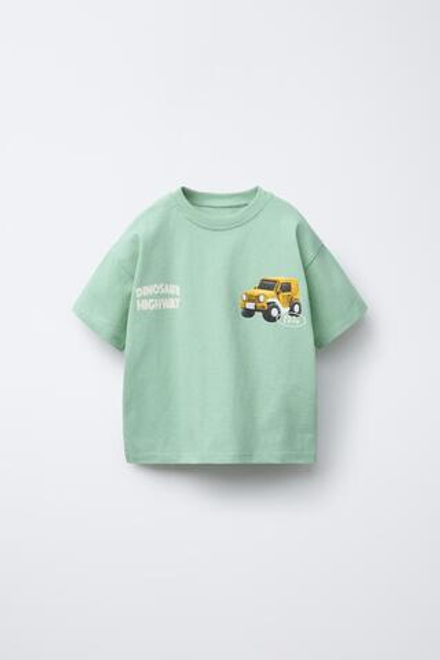 ZARA ФУТБОЛКА ИЗ ТКАНИ С ПРИНТОМ, ЗЕЛЕНЫЙ