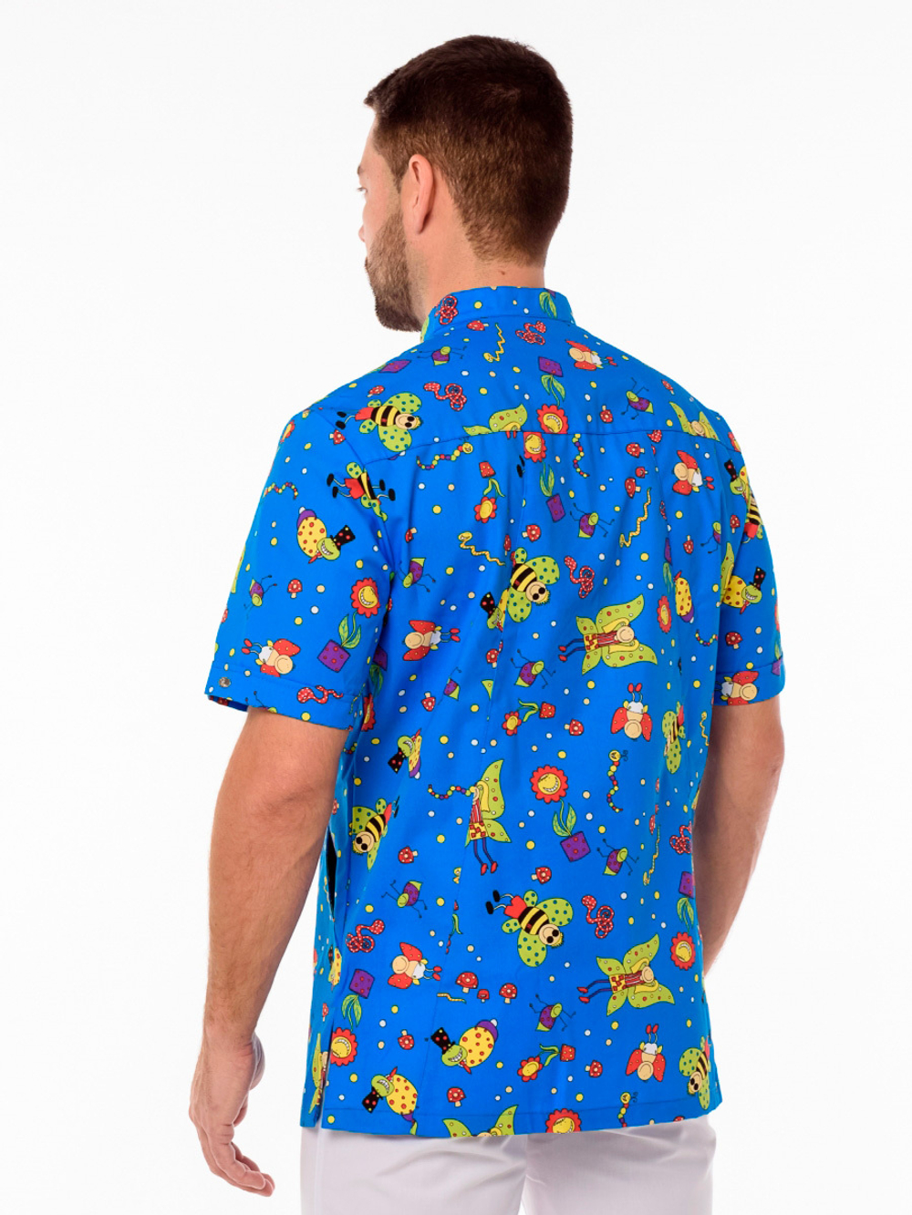 Блуза медицинская мужская Доктор стиль Педиатр М на пуговицах, васильковый принт, 48