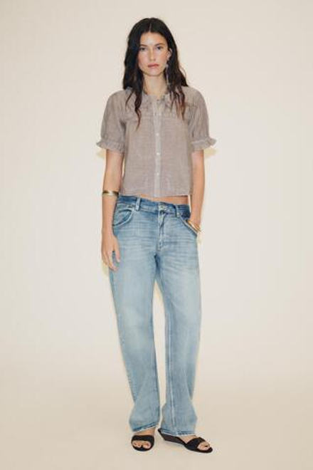 ZARA РУБАШКА С КРУГЛЫМ ВОРОТНИКОМ И ВЫШИВКОЙ, КОРИЧНЕВЫЙ