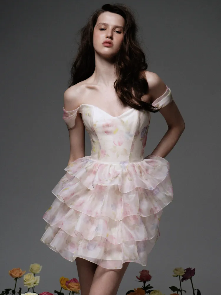 Лисен мини (Lisen mini), платье мини корсетное из молочной органзы с цветочным принтом