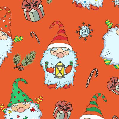 Гномы, дед мороз, санта с подарками и леденцами на красном