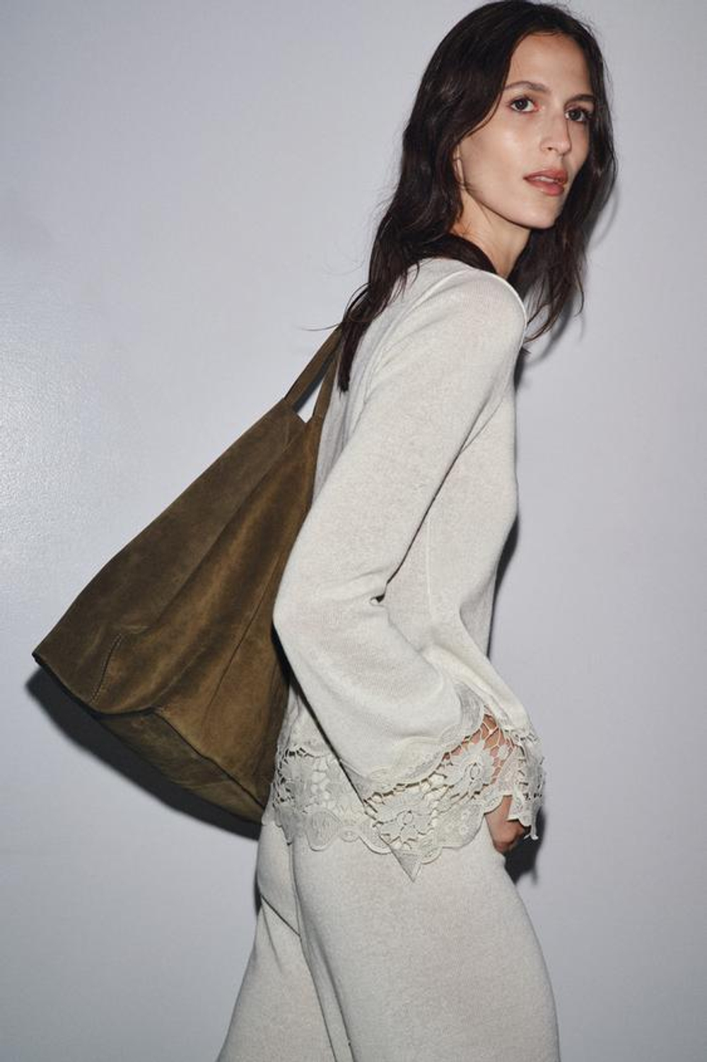 ZARA КОМБИНИРОВАННЫЕ БРЮКИ С ГИПЮРОМ, ЭКРЮ