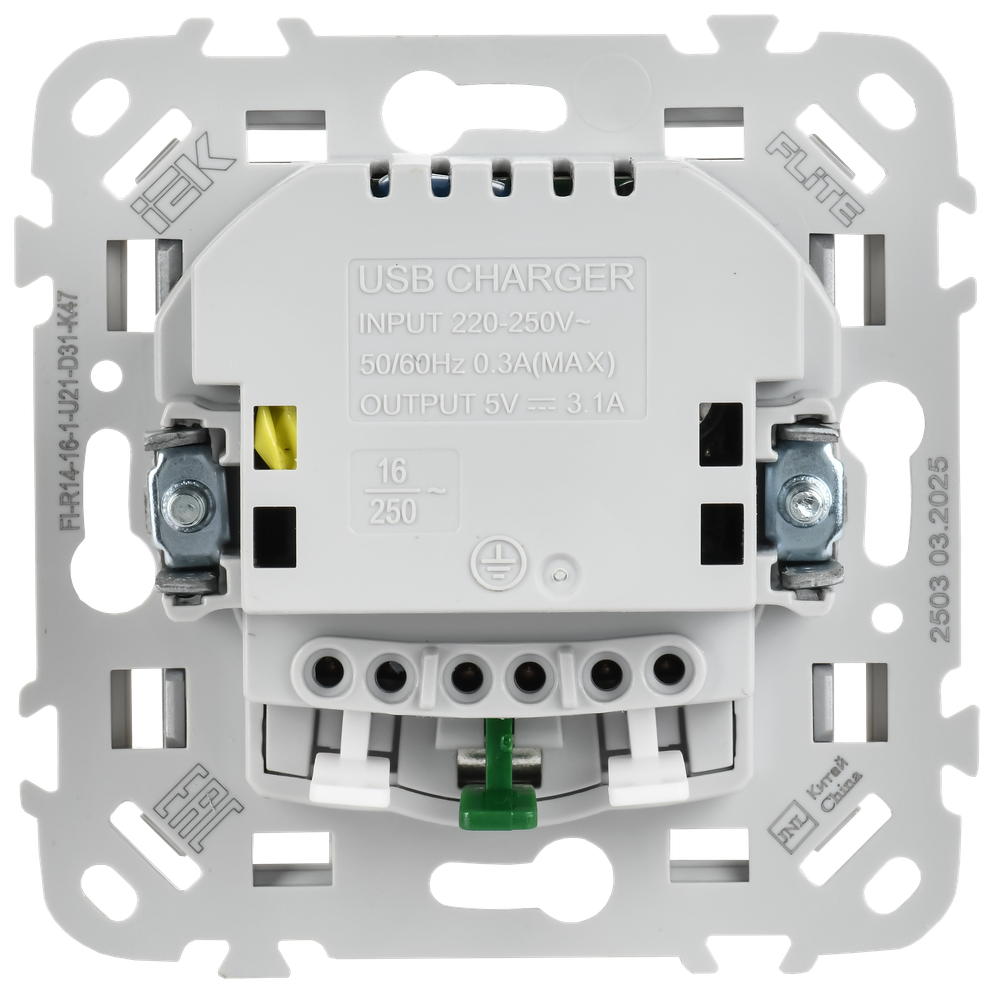 FLITE Розетка 1-местная с заземлением с защитными шторками 16А с USB A+A 3,1А безвинтовое крепление РСЮша11-1-ФлА алюминий IEK