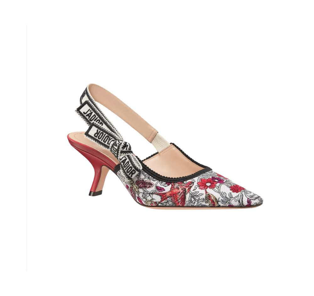 Туфли Dior J’Adior Slingback Dioramour белые с вышивкой Cœur des Curiosités и бантом