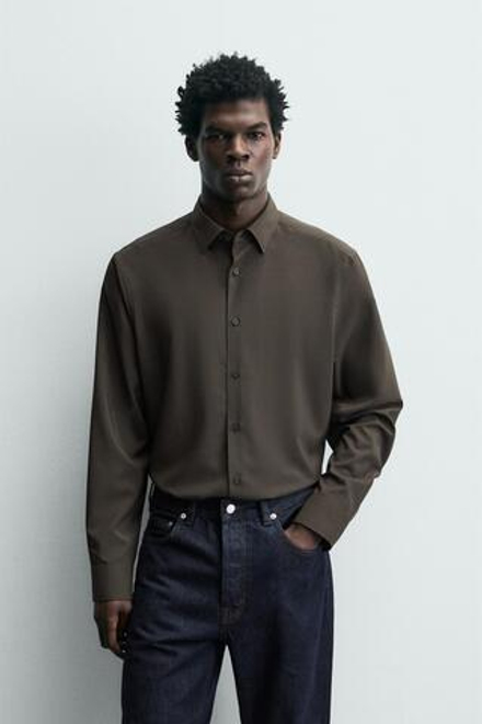 ZARA РУБАШКА ИЗ ЭЛАСТИЧНОЙ ТКАНИ, СЕРОВАТО-КОРИЧНЕВЫЙ