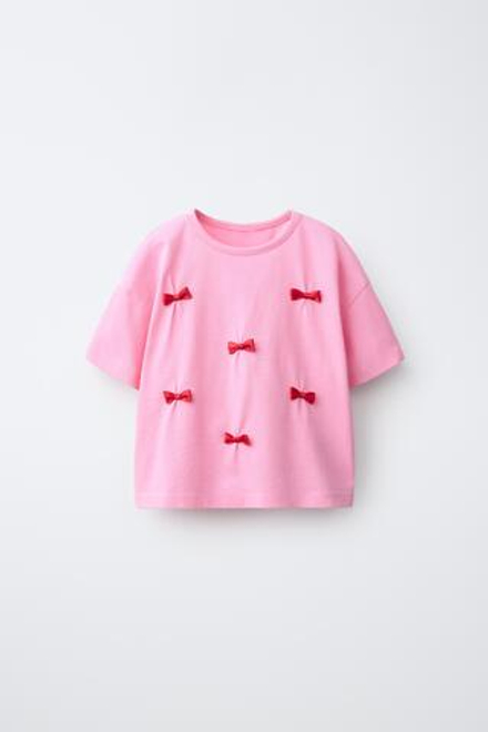 ZARA ФУТБОЛКА С БАНТАМИ, ЯРКО-РОЗОВЫЙ