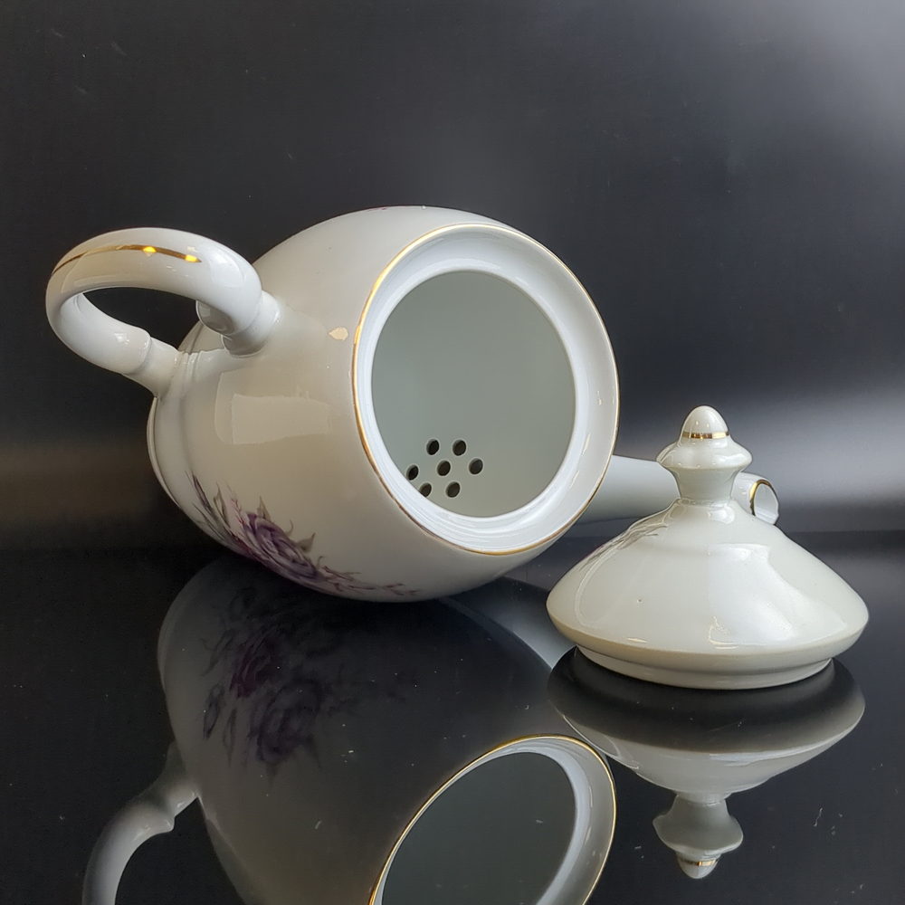Чайник заварочный с изящными цветами, Wloclawek porcelana, золочение, винтаж Польша, времён СССР 1967-1973 гг