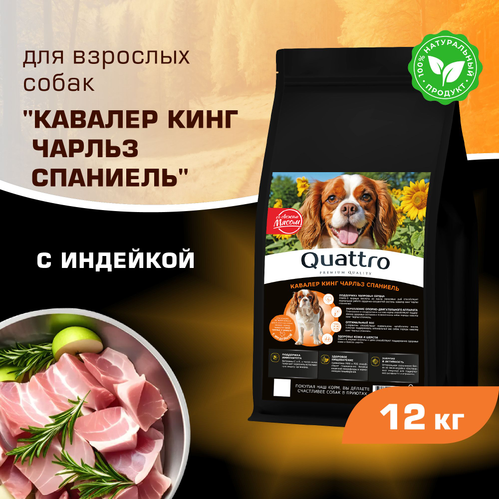 Корм сухой для взрослых собак породы Кавалер кинг Чарльз спаниель, с индейкой, 12 кг, QUATTRO
