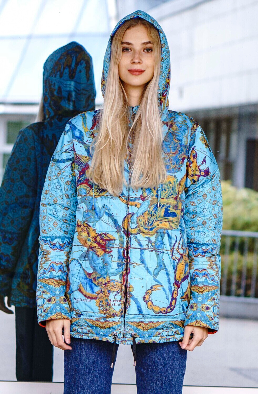 Двусторонняя куртка "Связь времён. Синее и голубое", по мотивам живописи Пауль Клее и знаменитого трактата Андреаса Целлариуса "Гармония Макрокосмоса"