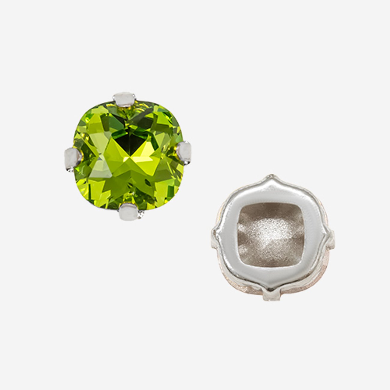 Кристалл Кушон (Сushion) в цапах, оттенок "Оливин"/"Olivine", 9,2мм, родирование