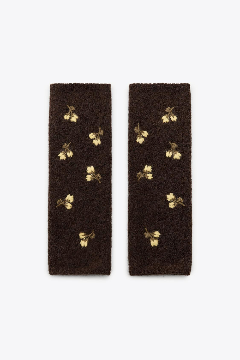 ZARA ТРИКОТАЖНЫЕ МИТЕНКИ С ЦВЕТОЧНОЙ ВЫШИВКОЙ, КОРИЧНЕВЫЙ