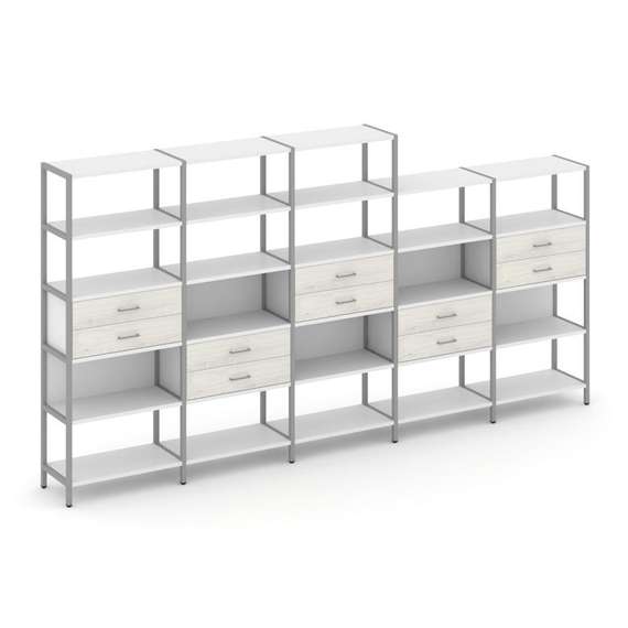 Shelf System Пятисекционный стеллаж пятиярусный с ящиками SN.STM-551 Белый/Дуб Наварра/Металл Серый