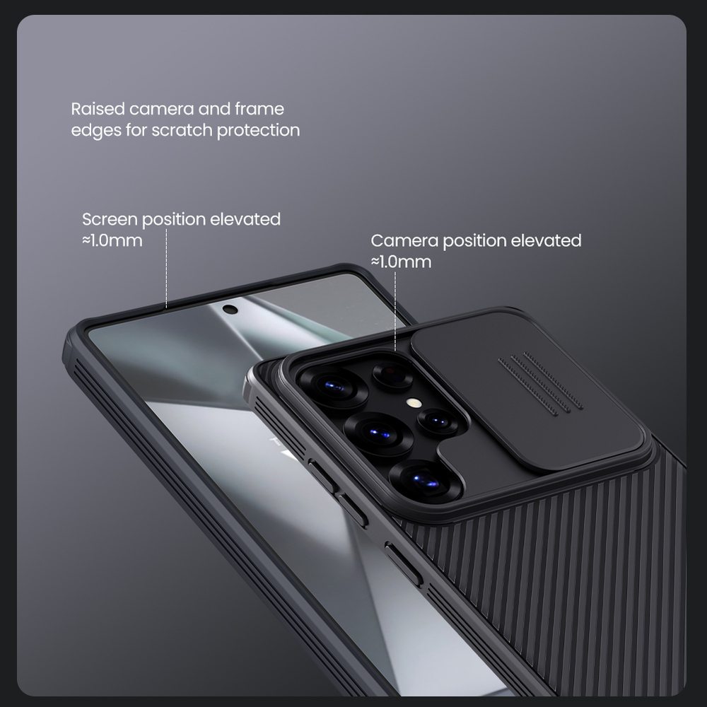 Чехол черного цвета с защитной шторкой для камеры от Nillkin на Samsung Galaxy S25 Ultra, серия CamShield Pro Case