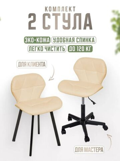 Комплект стульев для салона красоты Massagecomplekt, Стул мастера Ракушка на колесиках + кресло для клиента Ракушка на стальных ножках, экокожа белый