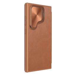 Кожаный чехол книжка коричневого цвета с откидной крышкой для камеры от Nillkin для Samsung Galaxy S24 Ultra, серия Qin Prop Leather Case