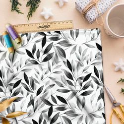 Ткань премиум флис серые листочки на белом