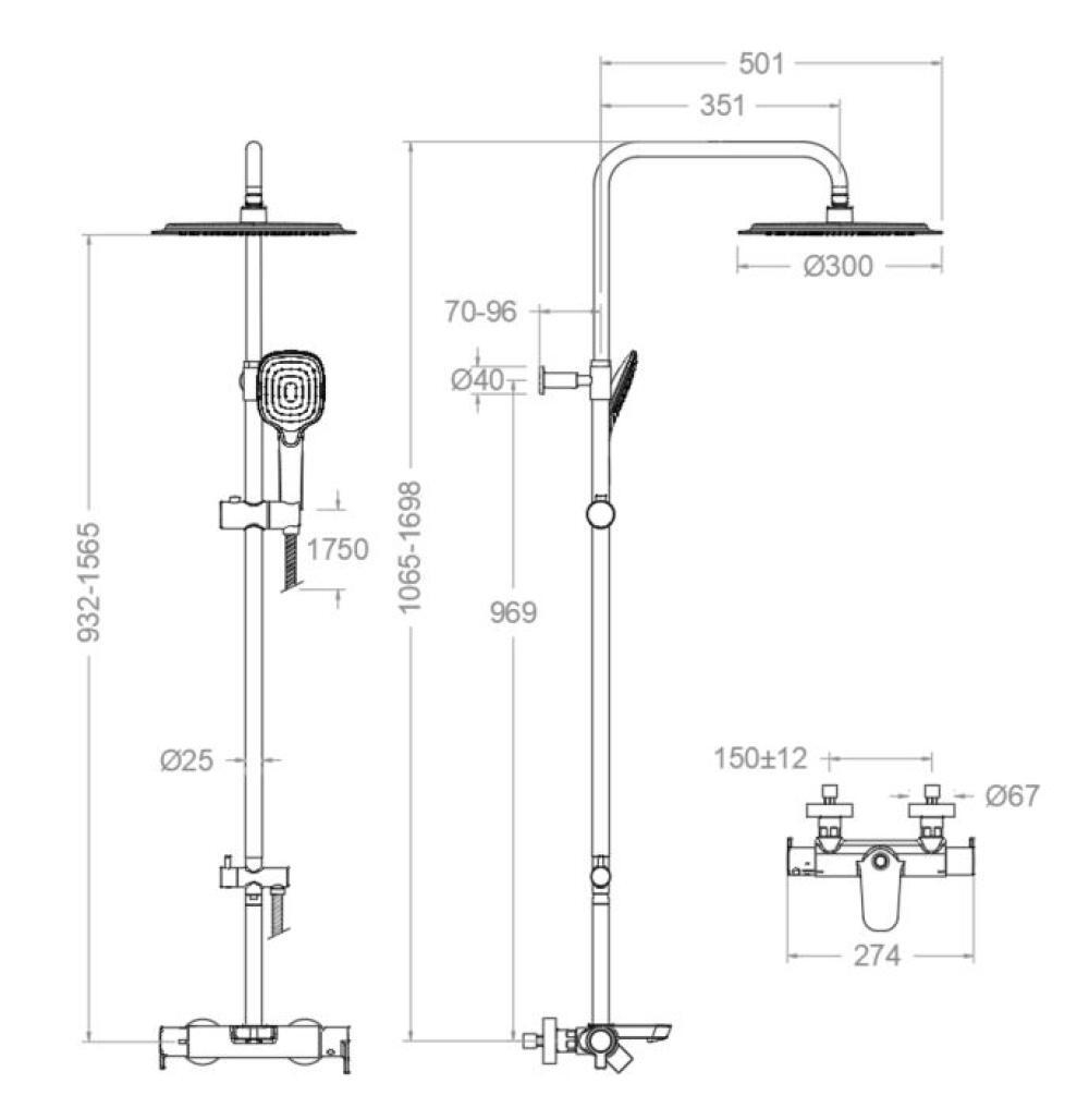 Душевая термостатическая система с изливом и с регулировкой высоты BLAUTHERM 945613RP300CUC медь