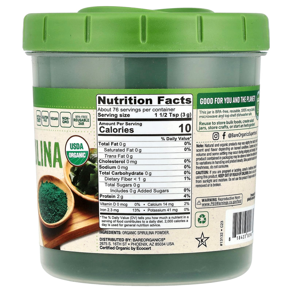 BareOrganics, Органическая спирулина в порошке, 227 г (8 унций)