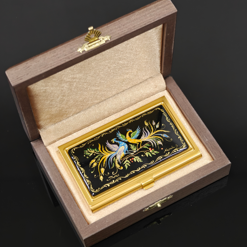 Визитница "Две Жар-птицы" (роспись Палех) желт.