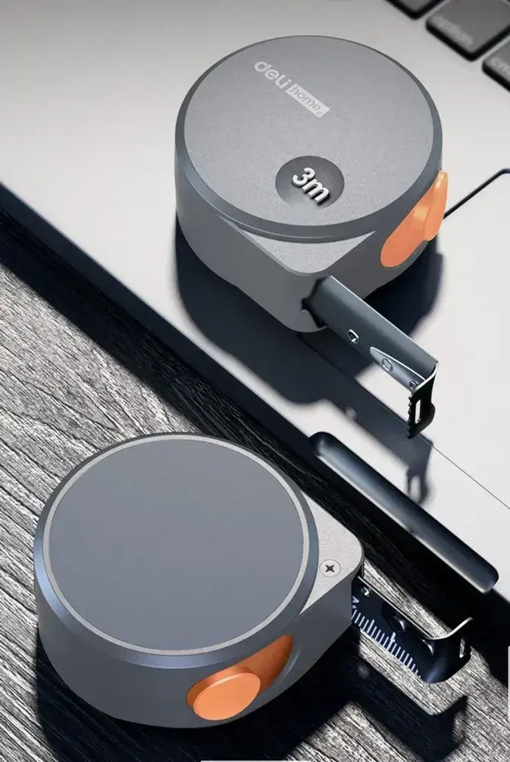 Рулетка "Home Series Gray" Deli HT8316C 3мх16мм (эксклюзивный дизайн, корпус из софттач пластика, противоскользящая резиновая вставка, подарочная упаковка)