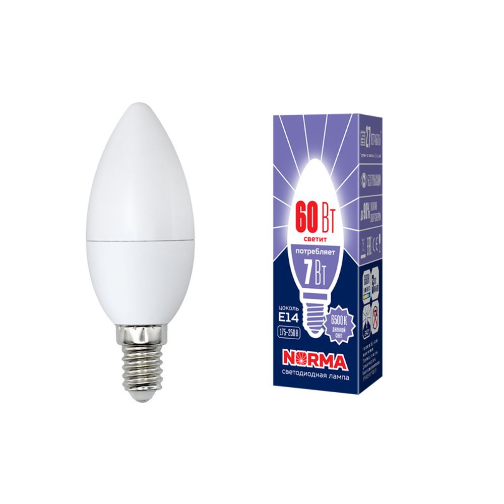 LED-C37-7W/DW/E14/FR/NR Лампа светодиодная. Форма свеча, матовая. Серия Norma. Дневной белый свет (6500K). Картон. ТМ Volpe